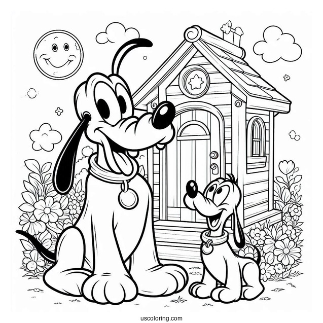 Confuse Goofy Standing Outside Dog House With Pluto Coloring Page