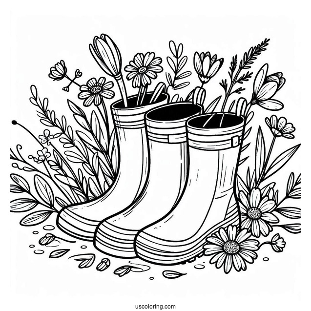 Rainboots Filled With Spring Coloring Page Wildflowers