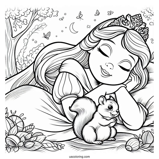 Sleeping Beauty Coloring Page Of Baby Princess Aurora Playing With A Squirrel For Kids