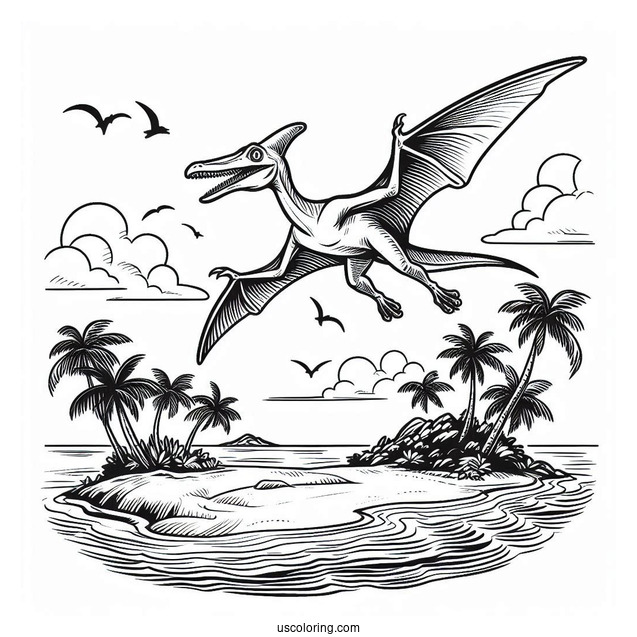 Detailed Pterodactyl Coloring Page Flying Over Island