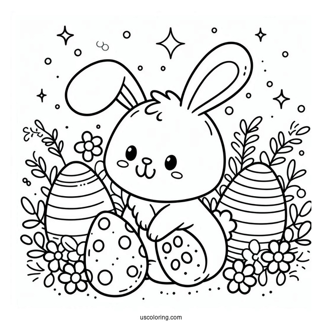 Simple Easter Bunny Coloring Page Outline With Cartoon Eggs