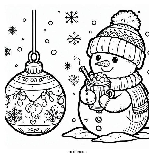 Snowman Holding Hot Chocolate In The Snow Bauble Christmas Ornaments Coloring Page