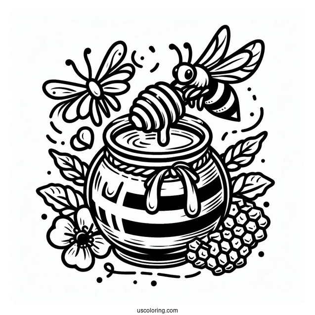 Pot Of Honey From Bee Coloring Page