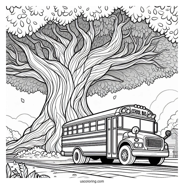 School Bus Coloring Page Parked In Front Of A Massive Tree