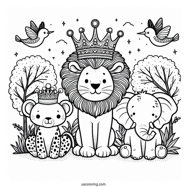 Jungle Animal Crown Coloring Page with Lion, Elephant, and Leopard For Preschoolers