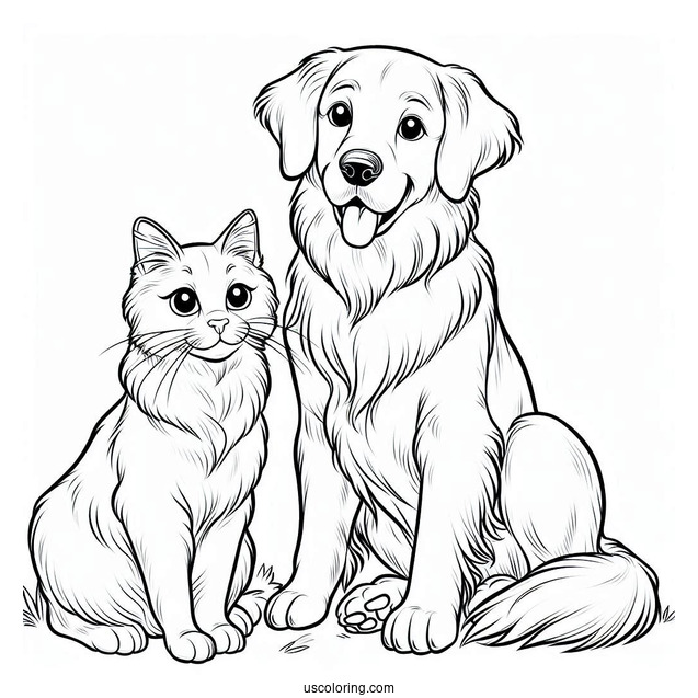 Golden Retriever And Cat Sitting Together Coloring Page