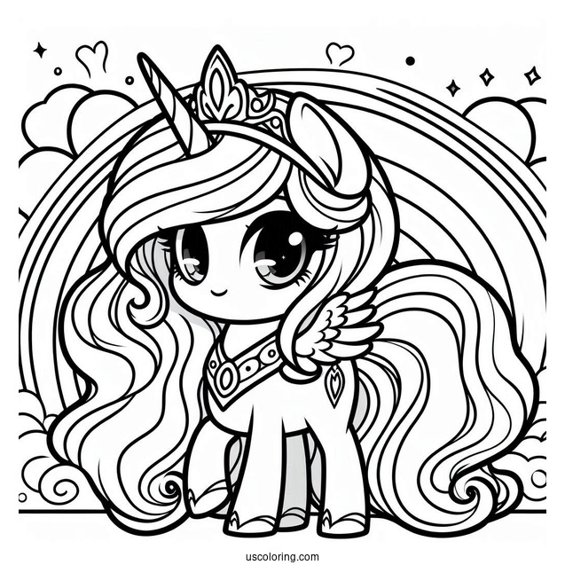 Cute Chibi Princess Celestia Coloring Page With Rainbow In The Background
