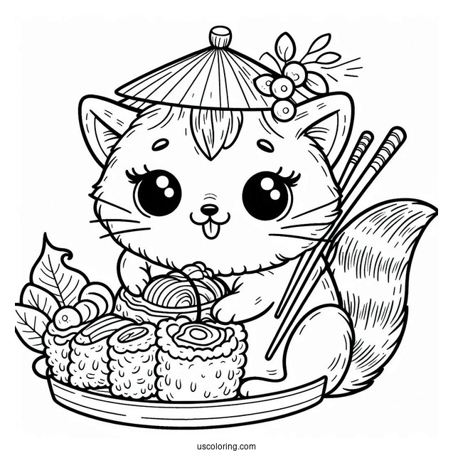 Cat Wearing A Hat While Eating Sushi Coloring Pages