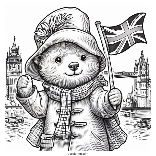 Cute Paddington Coloring Page Bear Waving The British Flag In Front Of London Bridge