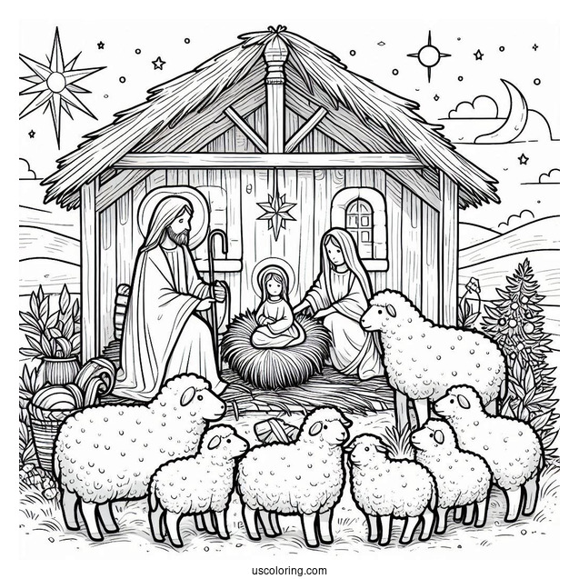 Nativity Coloring Page of Jesus In a Stable And Sheep