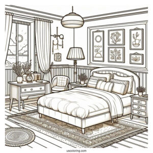 Sunny Bedroom Coloring Page With A Double Bed, Side Desks, Paintings, And Rugs