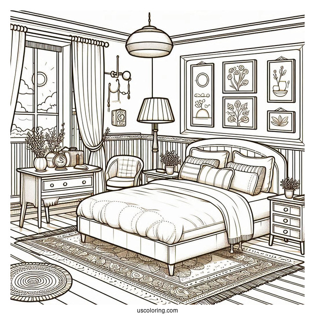 Sunny Bedroom Coloring Page With A Double Bed, Side Desks, Paintings, And Rugs