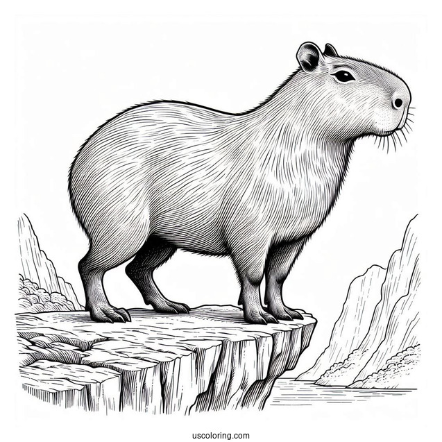 Realistic Capybara Coloring Page Standing On Cliff