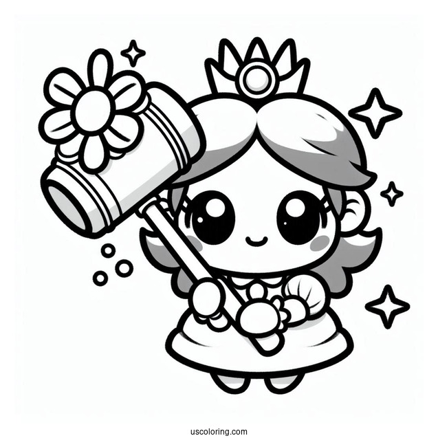 Kawaii Baby Princess Daisy Coloring Page Holding Hammer