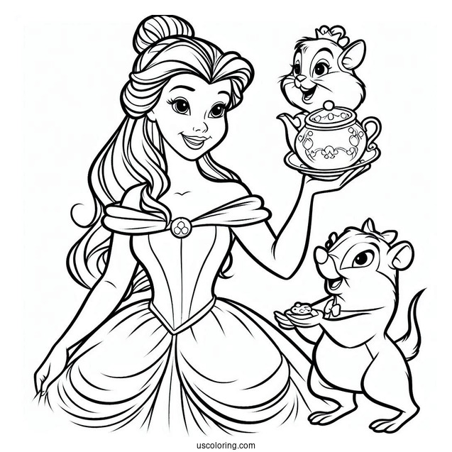 Princess Belle With Mrs Potts And Chip Coloring Page