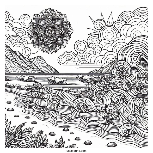 Beach Coloring Page Mandala With Large Waves