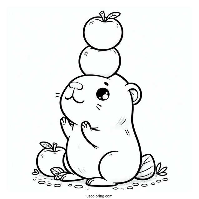 Baby Capybara Coloring Page Balancing Three Apples On Its Head For Kids