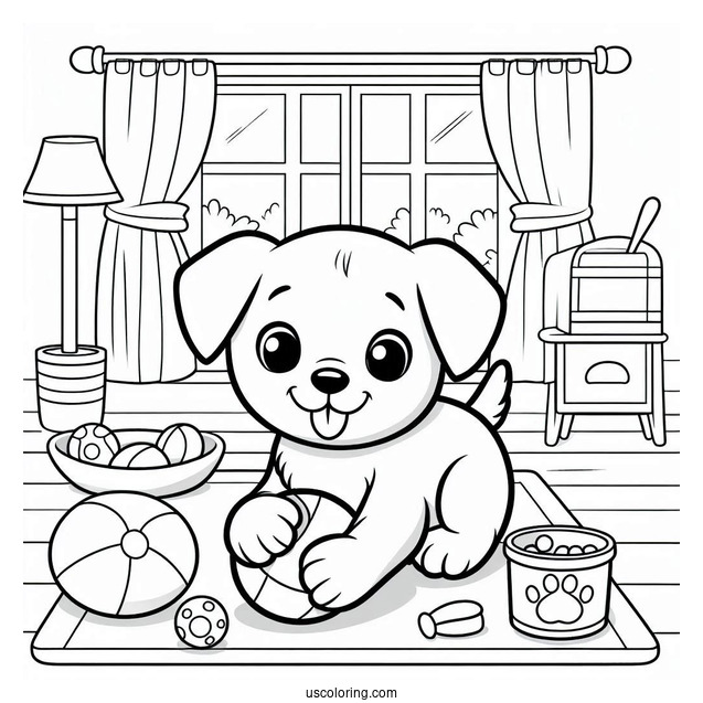 Easy Outline Of Puppy Playing Indoors Coloring Sheet