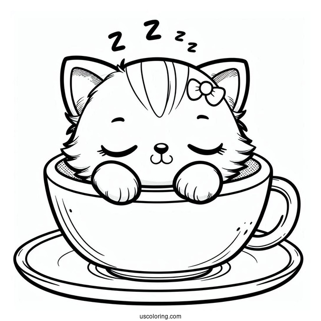 Sleepy Chibi Coloring Page Cat Resting Inside a Teacup For Preschoolers