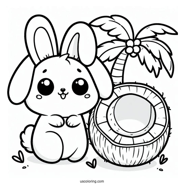 Kawaii Bunny Inside A Coconut Coloring Page For Kids