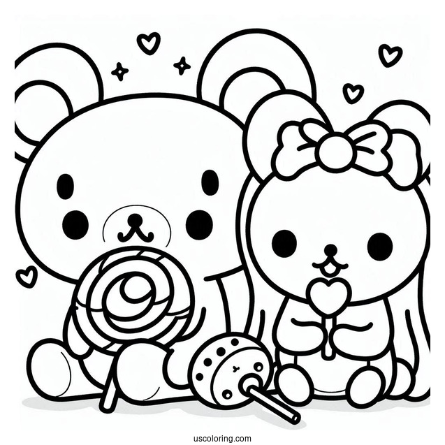 Kawaii Korilakkuma And Kiiroitori Eating Lollipop On Top Of Rilakkuma Coloring Page