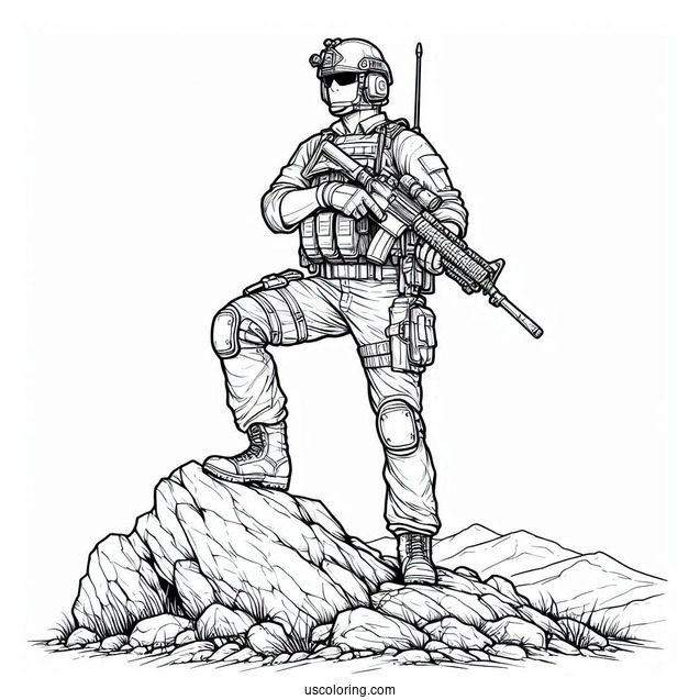 Armed Male Soldier Coloring Page Standing On Top Of Rocky Terrain