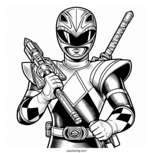 Power Ranger Holding Gun And Sword Coloring Sheet