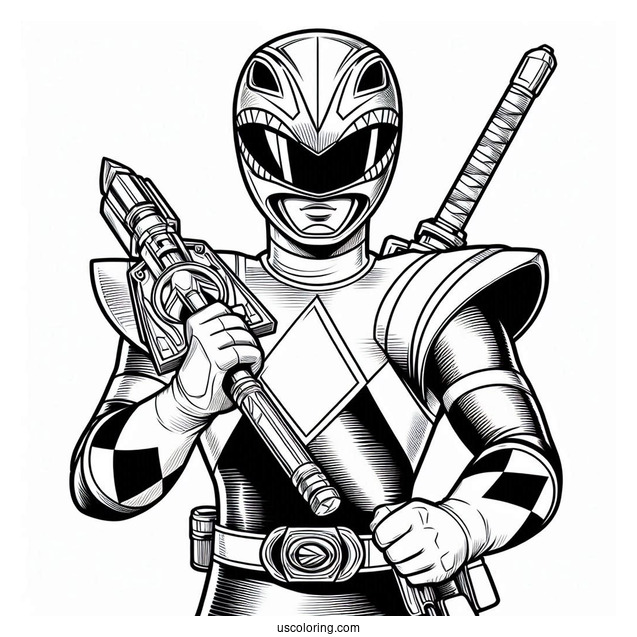 Power Ranger Holding Gun And Sword Coloring Sheet