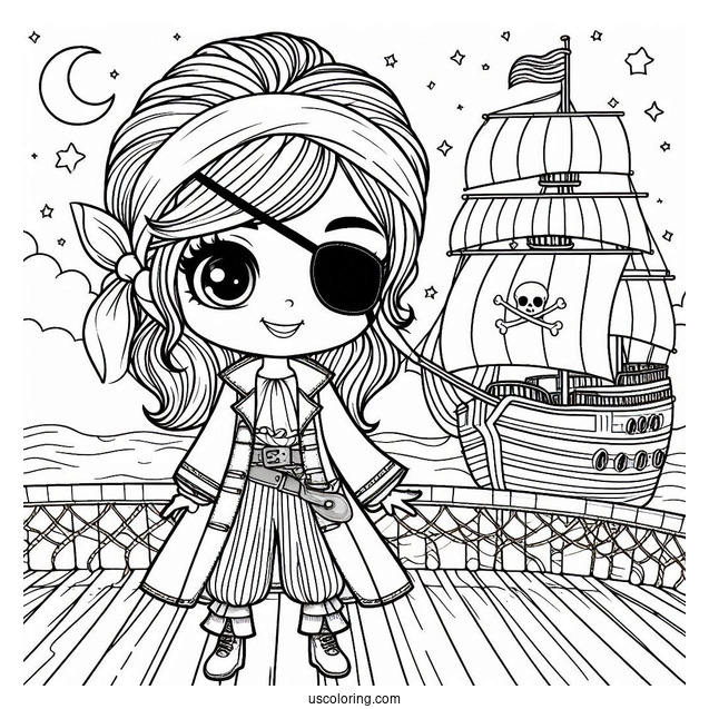 Pirate With Eyepatch On The Deck Of A Pirate Ship Coloring Page