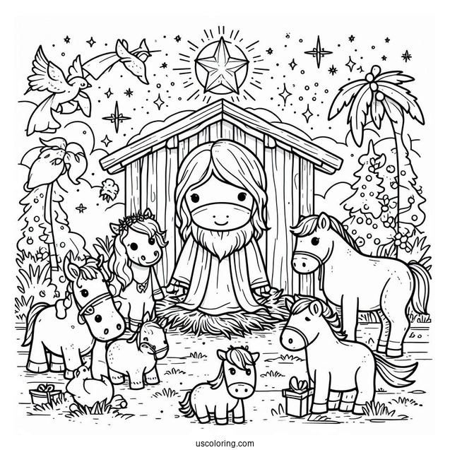 Nativity Coloring Page With Cow And Pony Surrounding Jesus
