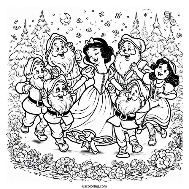 The Seven Dwarves Dancing Around Snow White Coloring Pages