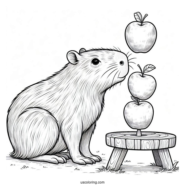 Capybara Coloring Page Balancing Apples On Its Head