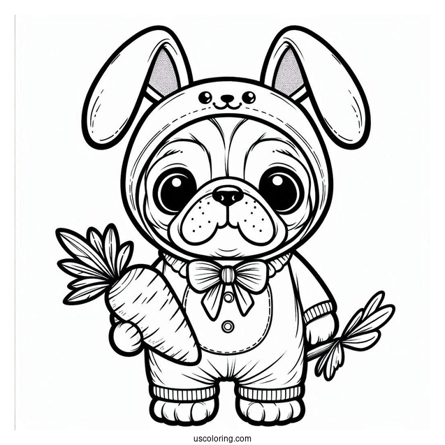 Pug Coloring Page in Bunny Costume Holding Carrot For Kids