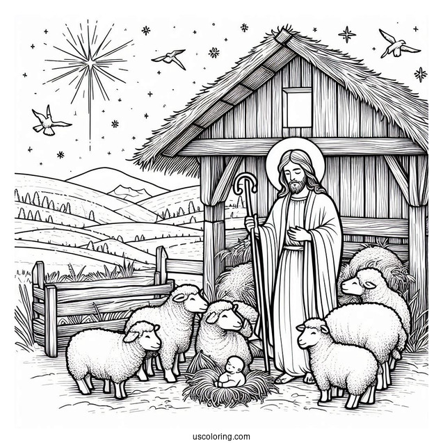 Nativity Coloring Page of Jesus In a Stable And Sheep