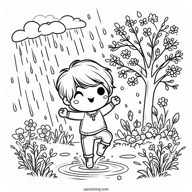 Little Boy Dancing In Spring Coloring Page Rain For Kids