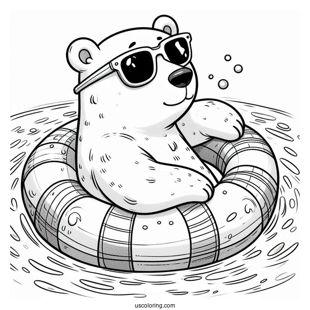 Swimming Coloring Page Of Polar Bear With Sunglasses On An Inflatable In The Pool