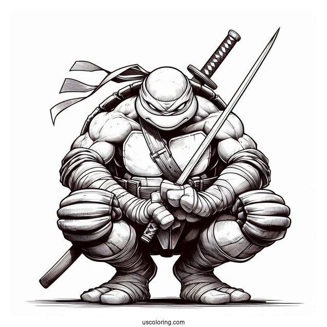 Ninja Turtles Coloring Page Of Leonardo Kneeling On Ground While Holding Katana