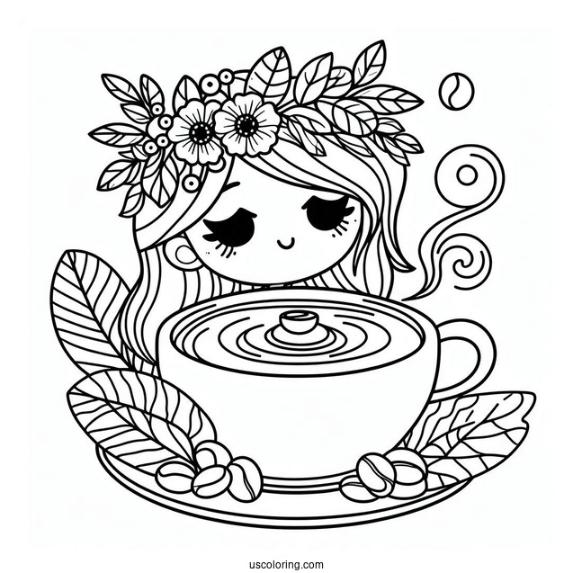 Coffee Coloring Pages Of Cartoon Woman On The Rim Of Coffee Cup