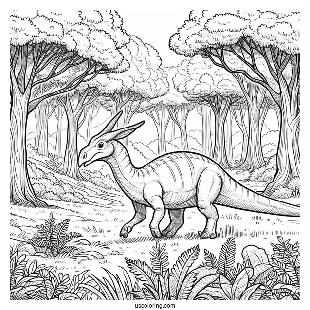 Parasaurolophus Coloring Page Walking In The Forest