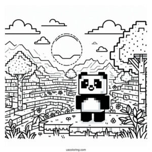 Minecraft Panda Coloring Page Standing in Pixel Landscape For Kids