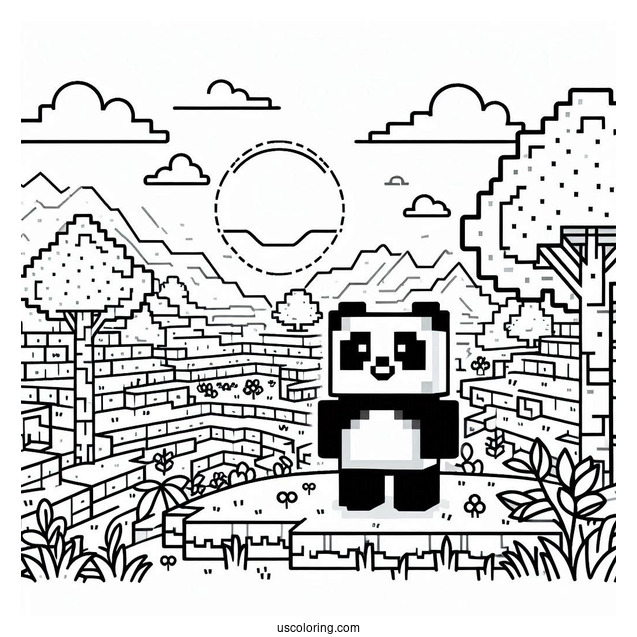 Minecraft Panda Coloring Page Standing in Pixel Landscape For Kids