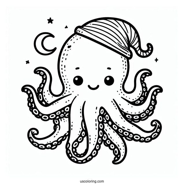 Octopus Coloring Page Wearing Night Cap