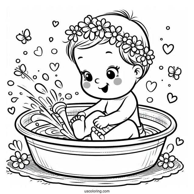 Beautiful Baby Coloring Page Playing In A Basin