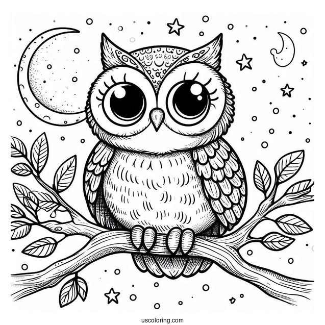 Cute Owl Sitting In Tree During Night