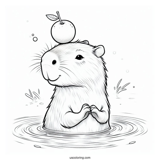 Capybara Coloring Page In The Water Balancing A Fruit On Its Head