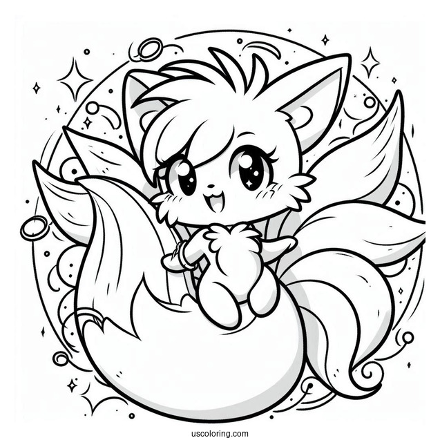 Smiling Tails Coloring Page Surrounded By Gold Rings