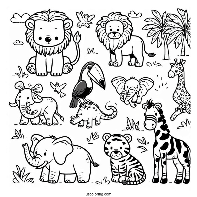 Jungle Coloring Page Of Cute Lion, Buffalo, Crocodile, Zebra, Toucan, Elephant, Giraffe, And Monkey