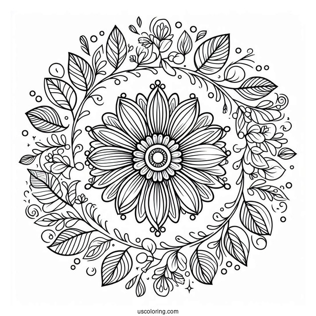 Circle Flower Mandala With Leaves Coloring Page