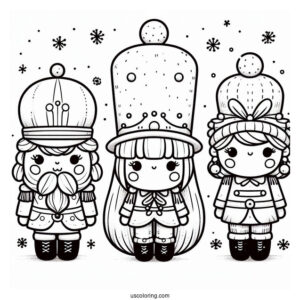 Nutcracker Coloring Page Wearing Different Hats With Snow In The Background