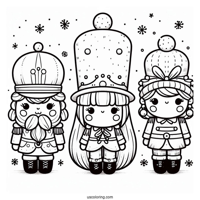 Nutcracker Coloring Page Wearing Different Hats With Snow In The Background